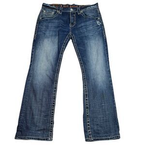 Rock Revival Mens Jeans Travis Straight Size 36 Blue Distressed Denim Stitching